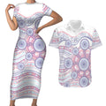 Australian Indigenous Aboriginal Art Couples Matching Short Sleeve Bodycon Dress and Hawaiian Shirt Vivid Pastel Peach Purple