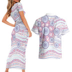 Australian Indigenous Aboriginal Art Couples Matching Short Sleeve Bodycon Dress and Hawaiian Shirt Vivid Pastel Peach Purple