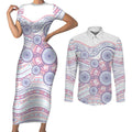 Australian Indigenous Aboriginal Art Couples Matching Short Sleeve Bodycon Dress and Long Sleeve Button Shirt Vivid Pastel Peach Purple