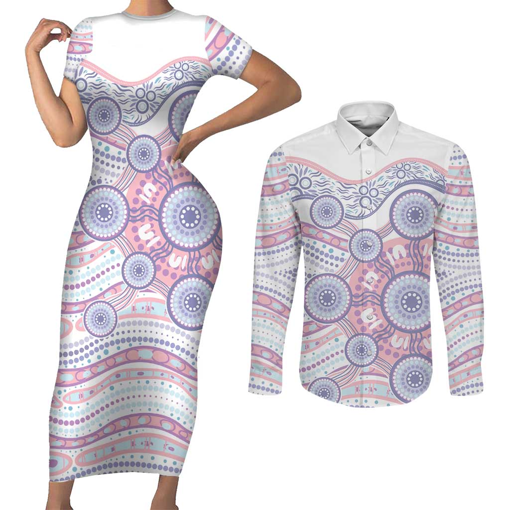 Australian Indigenous Aboriginal Art Couples Matching Short Sleeve Bodycon Dress and Long Sleeve Button Shirt Vivid Pastel Peach Purple