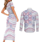 Australian Indigenous Aboriginal Art Couples Matching Short Sleeve Bodycon Dress and Long Sleeve Button Shirt Vivid Pastel Peach Purple