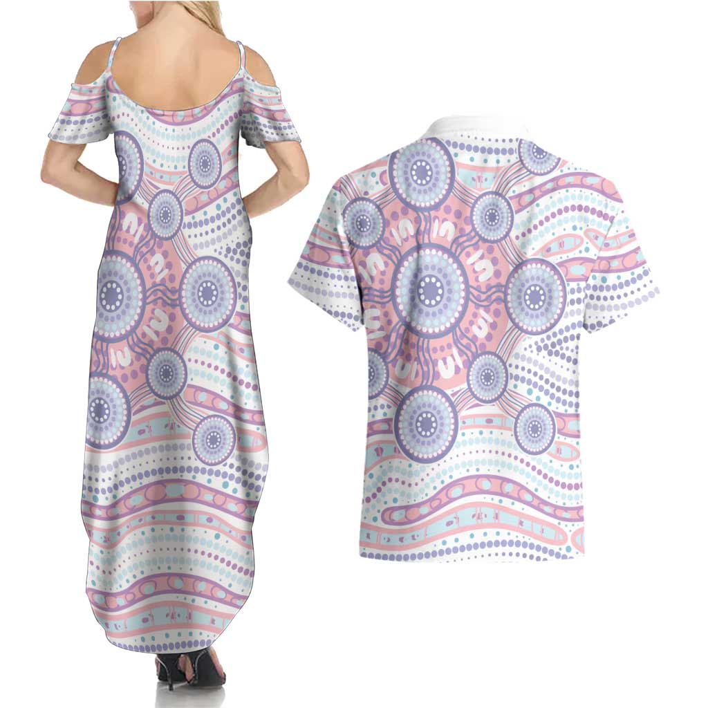 Australian Indigenous Aboriginal Art Couples Matching Summer Maxi Dress and Hawaiian Shirt Vivid Pastel Peach Purple