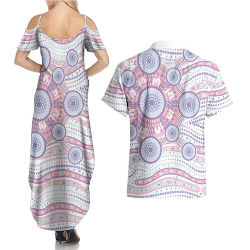 Australian Indigenous Aboriginal Art Couples Matching Summer Maxi Dress and Hawaiian Shirt Vivid Pastel Peach Purple