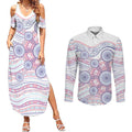 Australian Indigenous Aboriginal Art Couples Matching Summer Maxi Dress and Long Sleeve Button Shirt Vivid Pastel Peach Purple