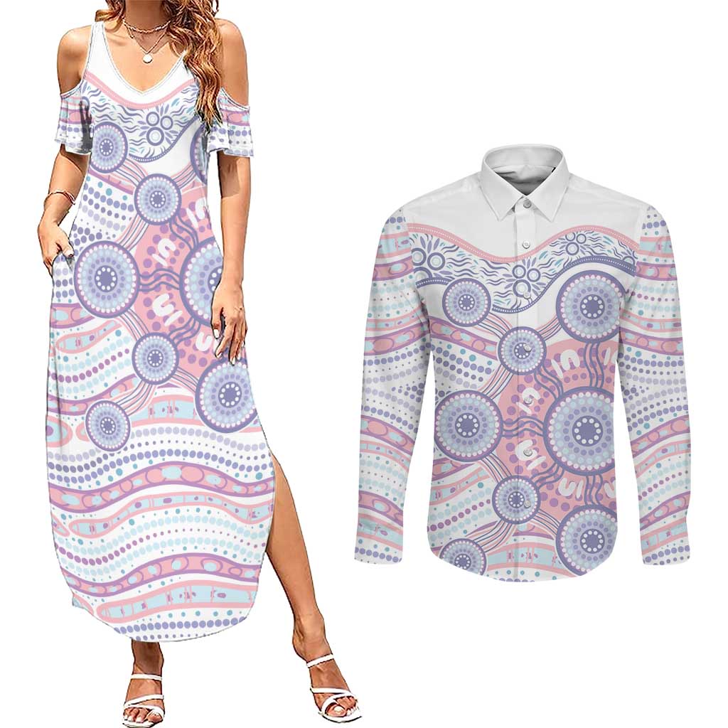Australian Indigenous Aboriginal Art Couples Matching Summer Maxi Dress and Long Sleeve Button Shirt Vivid Pastel Peach Purple