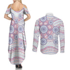 Australian Indigenous Aboriginal Art Couples Matching Summer Maxi Dress and Long Sleeve Button Shirt Vivid Pastel Peach Purple