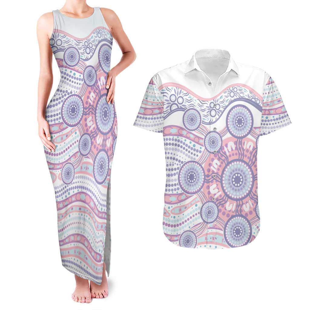 Australian Indigenous Aboriginal Art Couples Matching Tank Maxi Dress and Hawaiian Shirt Vivid Pastel Peach Purple