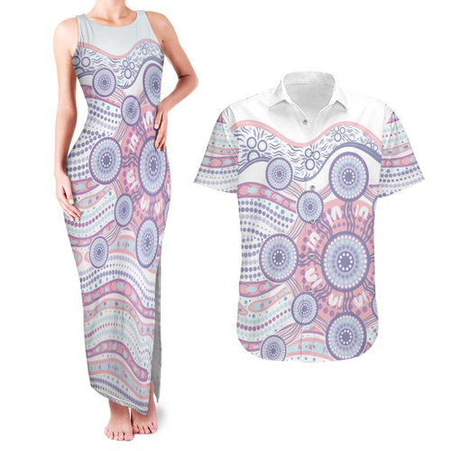 Australian Indigenous Aboriginal Art Couples Matching Tank Maxi Dress and Hawaiian Shirt Vivid Pastel Peach Purple