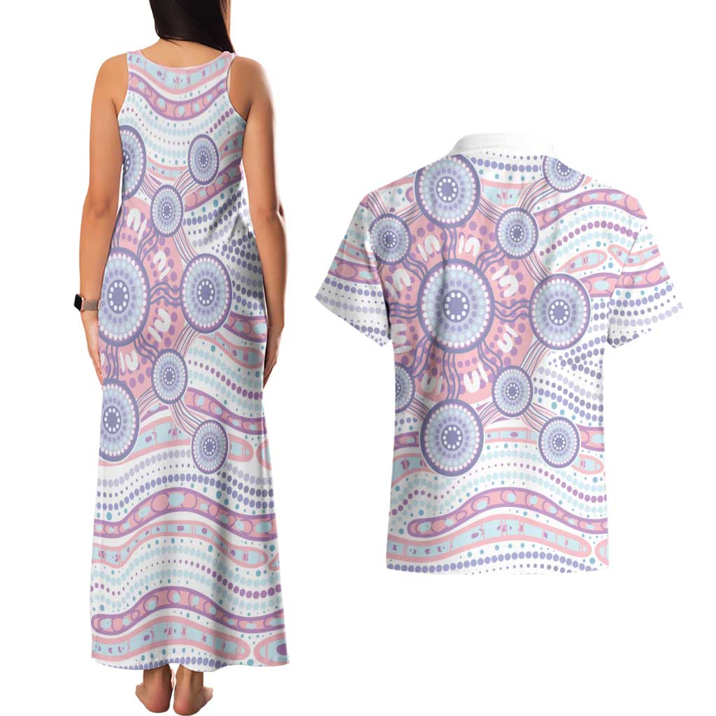 Australian Indigenous Aboriginal Art Couples Matching Tank Maxi Dress and Hawaiian Shirt Vivid Pastel Peach Purple