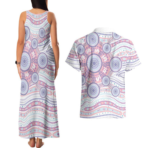 Australian Indigenous Aboriginal Art Couples Matching Tank Maxi Dress and Hawaiian Shirt Vivid Pastel Peach Purple