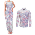 Australian Indigenous Aboriginal Art Couples Matching Tank Maxi Dress and Long Sleeve Button Shirt Vivid Pastel Peach Purple