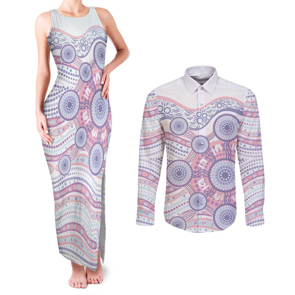 Australian Indigenous Aboriginal Art Couples Matching Tank Maxi Dress and Long Sleeve Button Shirt Vivid Pastel Peach Purple