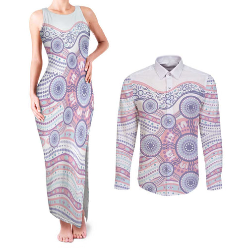 Australian Indigenous Aboriginal Art Couples Matching Tank Maxi Dress and Long Sleeve Button Shirt Vivid Pastel Peach Purple