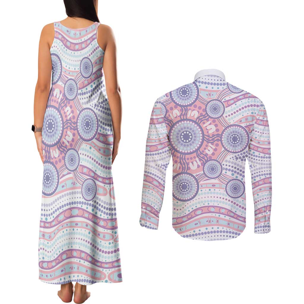 Australian Indigenous Aboriginal Art Couples Matching Tank Maxi Dress and Long Sleeve Button Shirt Vivid Pastel Peach Purple