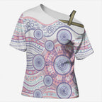 Australian Indigenous Aboriginal Art Cross Shoulder Shirt Vivid Pastel Peach Purple