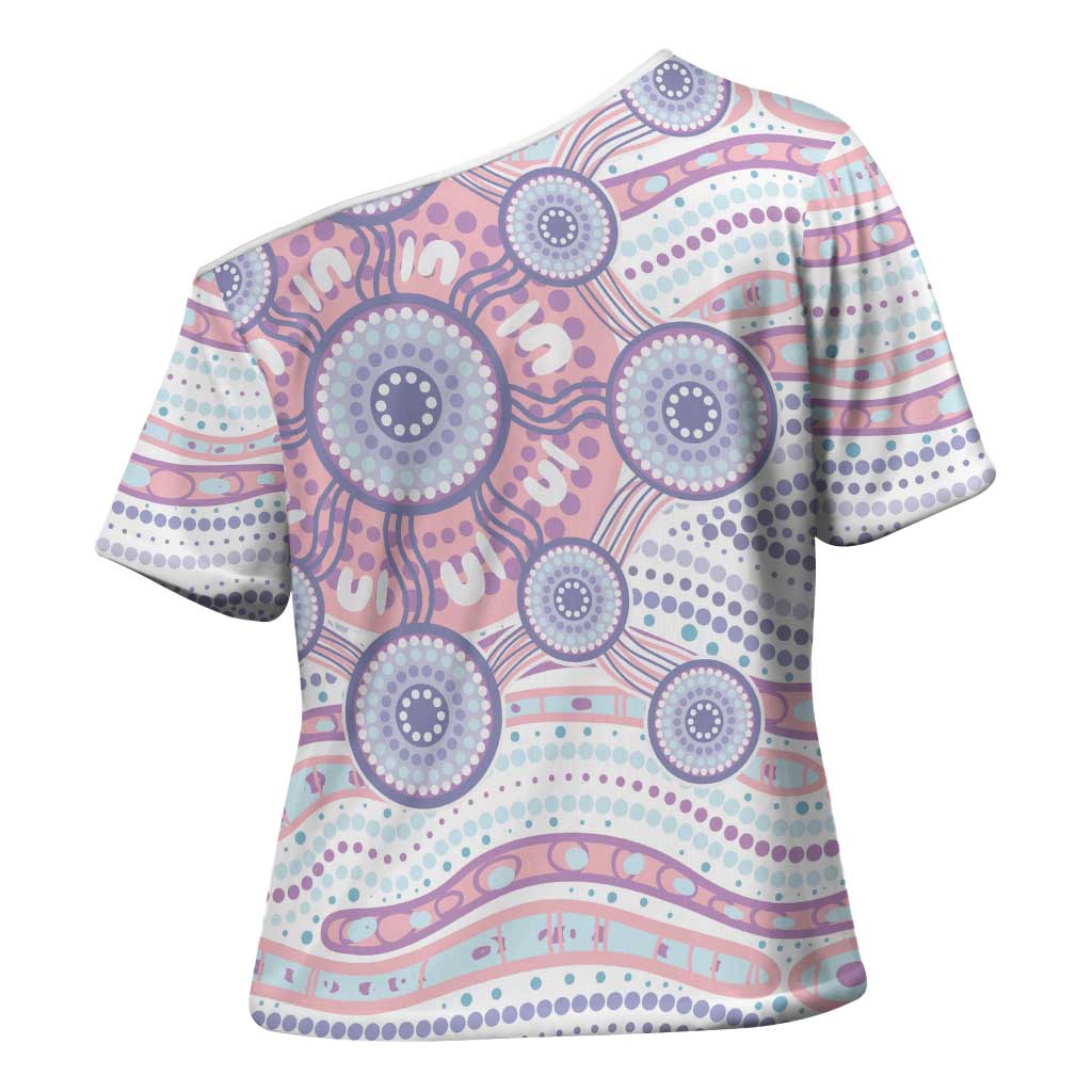 Australian Indigenous Aboriginal Art Cross Shoulder Shirt Vivid Pastel Peach Purple