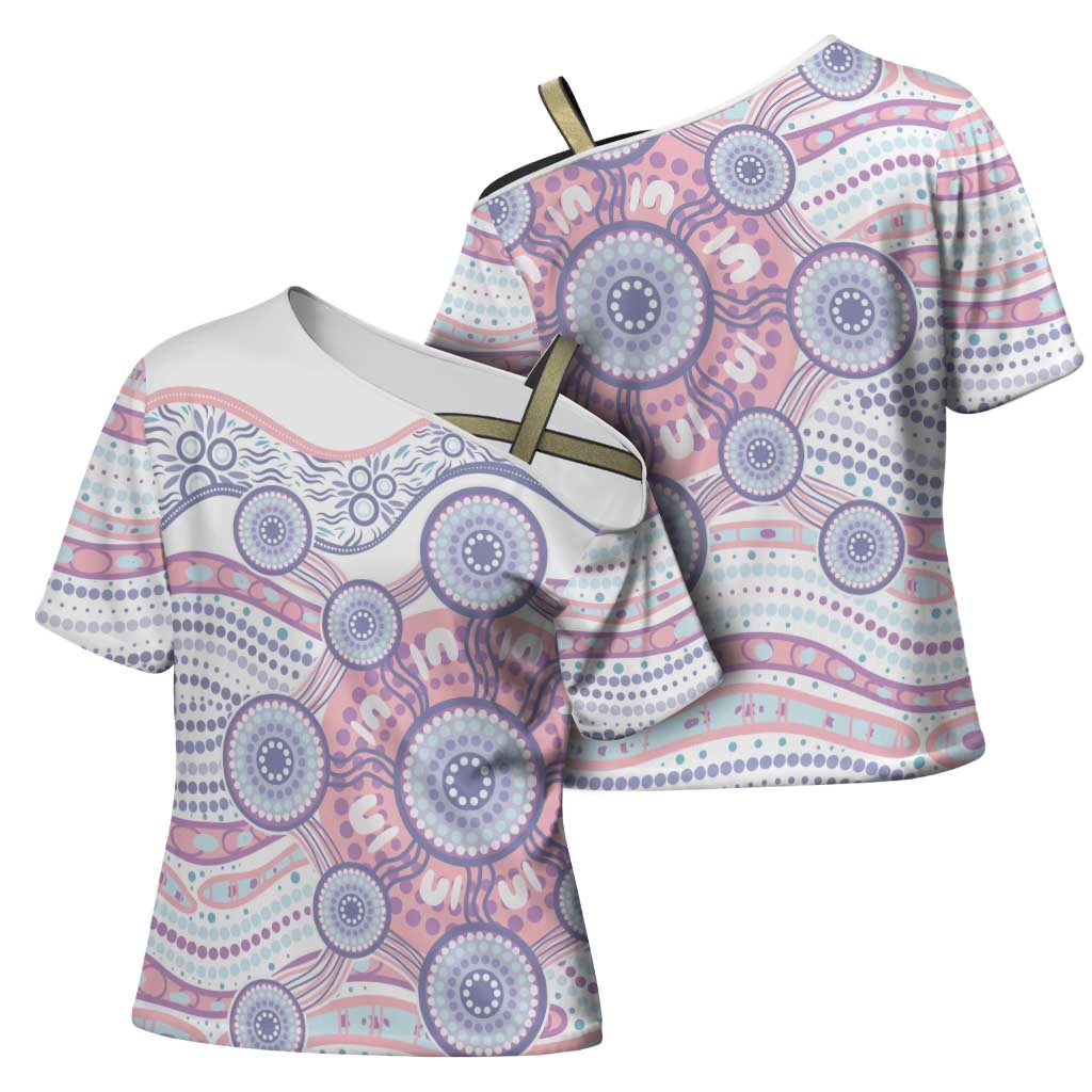 Australian Indigenous Aboriginal Art Cross Shoulder Shirt Vivid Pastel Peach Purple
