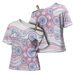 Australian Indigenous Aboriginal Art Cross Shoulder Shirt Vivid Pastel Peach Purple