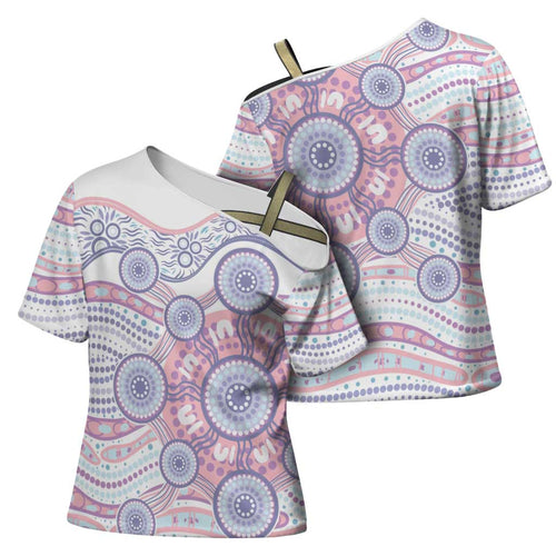 Australian Indigenous Aboriginal Art Cross Shoulder Shirt Vivid Pastel Peach Purple