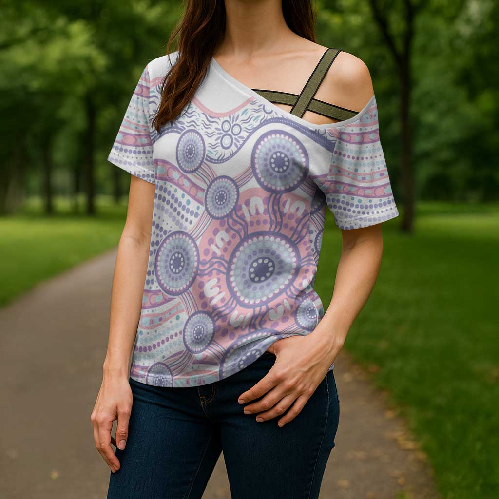 Australian Indigenous Aboriginal Art Cross Shoulder Shirt Vivid Pastel Peach Purple