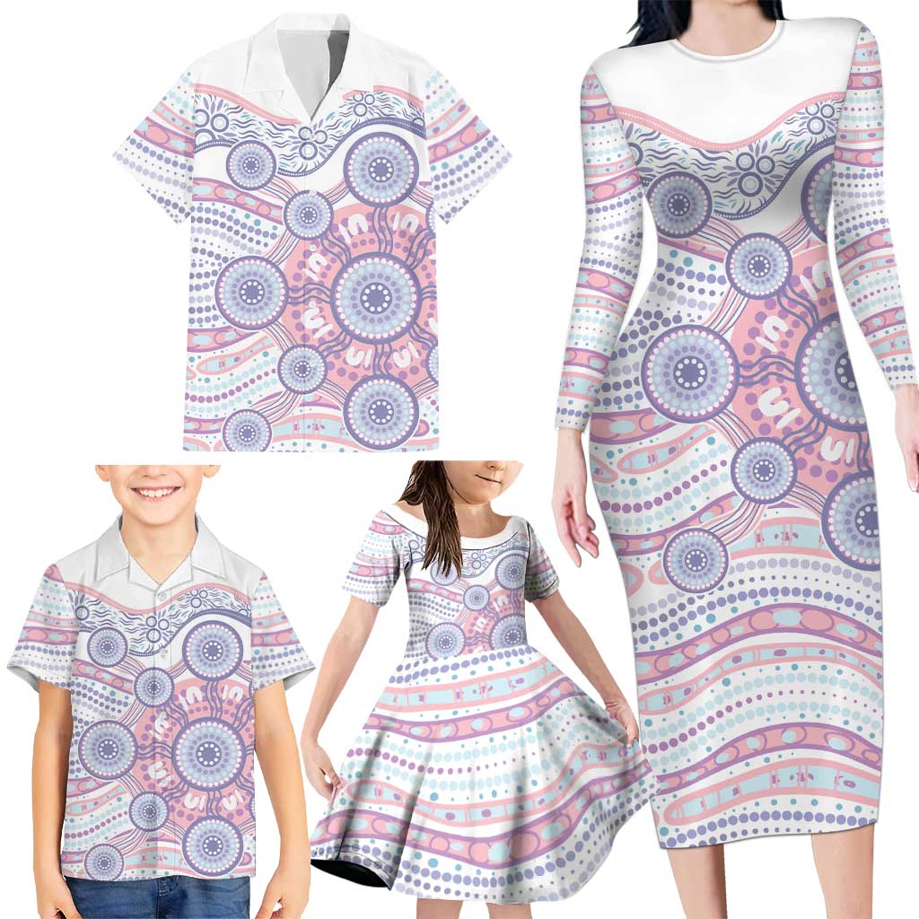 Australian Indigenous Aboriginal Art Family Matching Long Sleeve Bodycon Dress and Hawaiian Shirt Vivid Pastel Peach Purple