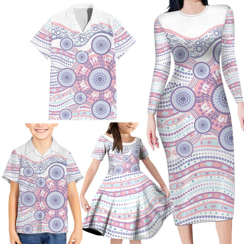 Australian Indigenous Aboriginal Art Family Matching Long Sleeve Bodycon Dress and Hawaiian Shirt Vivid Pastel Peach Purple