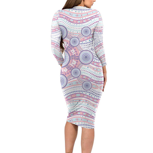 Australian Indigenous Aboriginal Art Family Matching Long Sleeve Bodycon Dress and Hawaiian Shirt Vivid Pastel Peach Purple