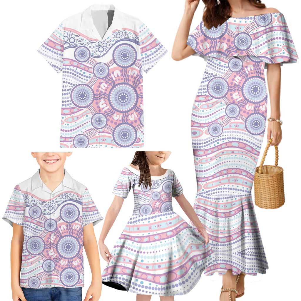 Australian Indigenous Aboriginal Art Family Matching Mermaid Dress and Hawaiian Shirt Vivid Pastel Peach Purple