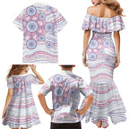 Australian Indigenous Aboriginal Art Family Matching Mermaid Dress and Hawaiian Shirt Vivid Pastel Peach Purple