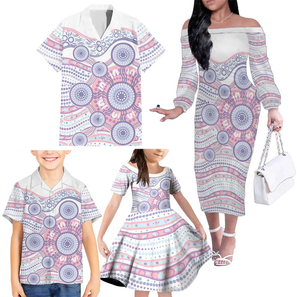 Australian Indigenous Aboriginal Art Family Matching Off The Shoulder Long Sleeve Dress and Hawaiian Shirt Vivid Pastel Peach Purple