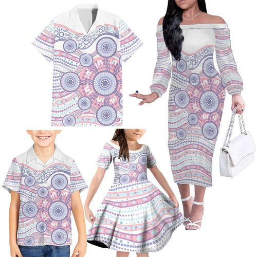 Australian Indigenous Aboriginal Art Family Matching Off The Shoulder Long Sleeve Dress and Hawaiian Shirt Vivid Pastel Peach Purple