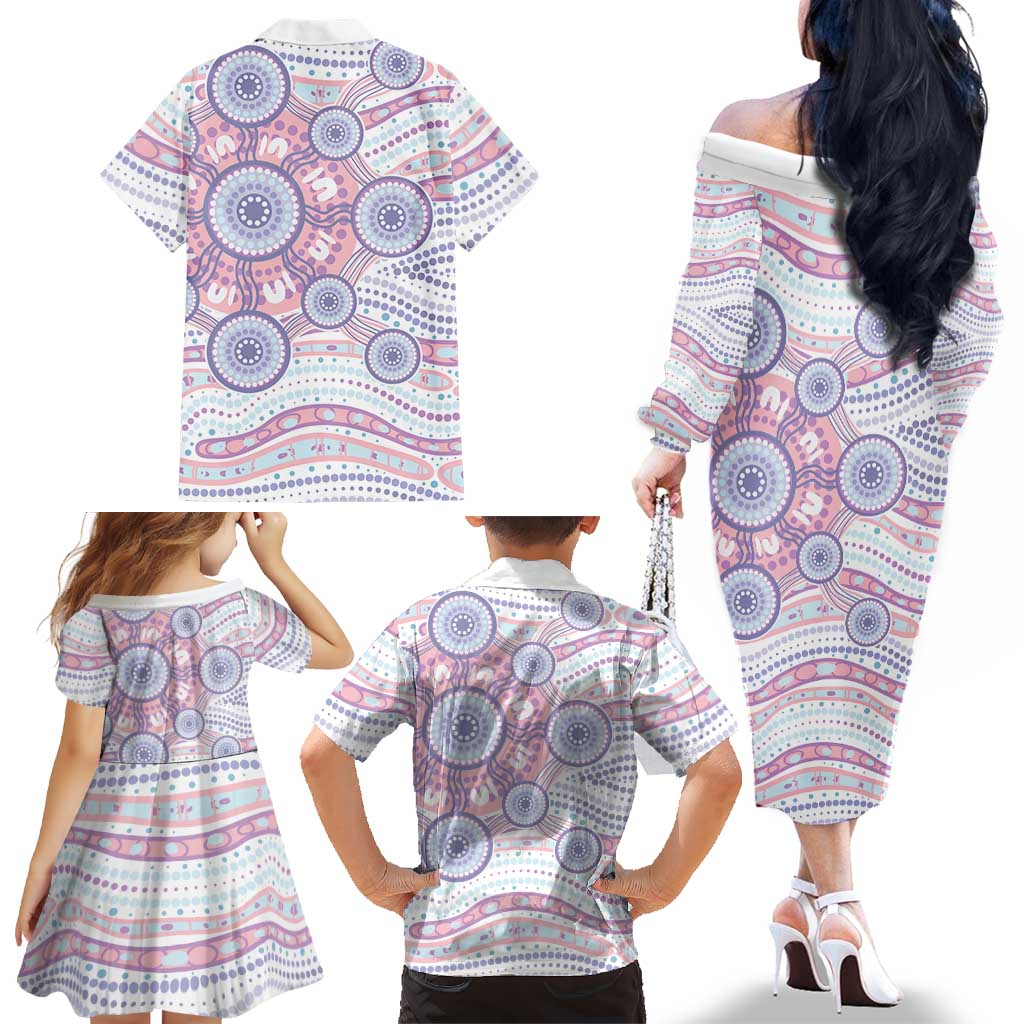 Australian Indigenous Aboriginal Art Family Matching Off The Shoulder Long Sleeve Dress and Hawaiian Shirt Vivid Pastel Peach Purple