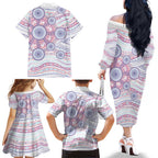 Australian Indigenous Aboriginal Art Family Matching Off The Shoulder Long Sleeve Dress and Hawaiian Shirt Vivid Pastel Peach Purple