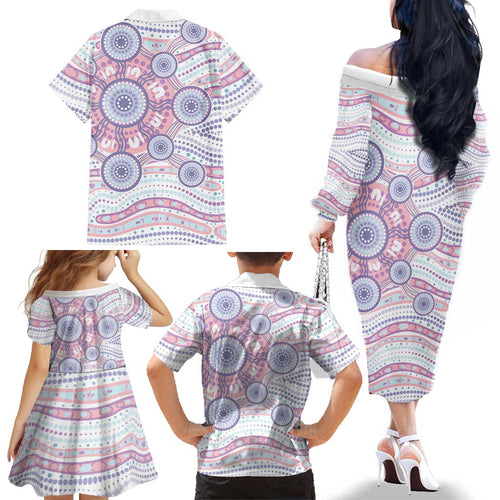 Australian Indigenous Aboriginal Art Family Matching Off The Shoulder Long Sleeve Dress and Hawaiian Shirt Vivid Pastel Peach Purple