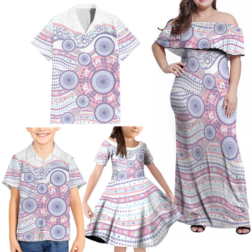 Australian Indigenous Aboriginal Art Family Matching Off Shoulder Maxi Dress and Hawaiian Shirt Vivid Pastel Peach Purple