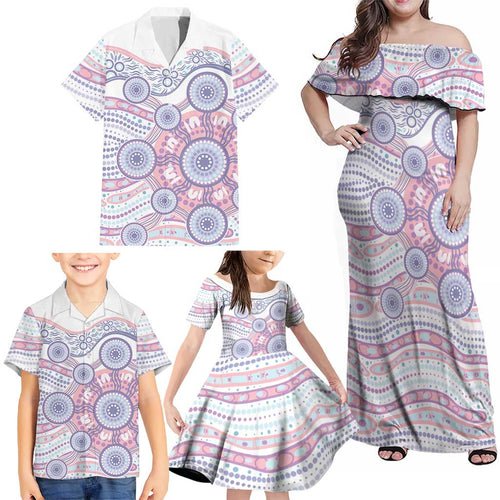 Australian Indigenous Aboriginal Art Family Matching Off Shoulder Maxi Dress and Hawaiian Shirt Vivid Pastel Peach Purple