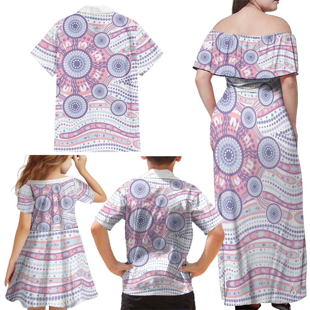 Australian Indigenous Aboriginal Art Family Matching Off Shoulder Maxi Dress and Hawaiian Shirt Vivid Pastel Peach Purple