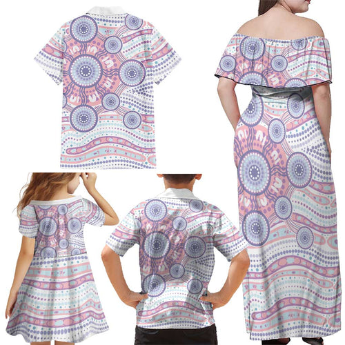 Australian Indigenous Aboriginal Art Family Matching Off Shoulder Maxi Dress and Hawaiian Shirt Vivid Pastel Peach Purple