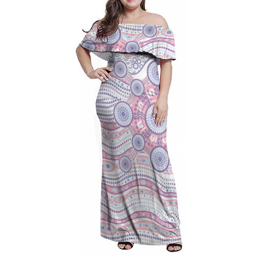 Australian Indigenous Aboriginal Art Family Matching Off Shoulder Maxi Dress and Hawaiian Shirt Vivid Pastel Peach Purple