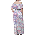 Australian Indigenous Aboriginal Art Family Matching Off Shoulder Maxi Dress and Hawaiian Shirt Vivid Pastel Peach Purple