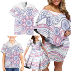 Australian Indigenous Aboriginal Art Family Matching Off Shoulder Short Dress and Hawaiian Shirt Vivid Pastel Peach Purple