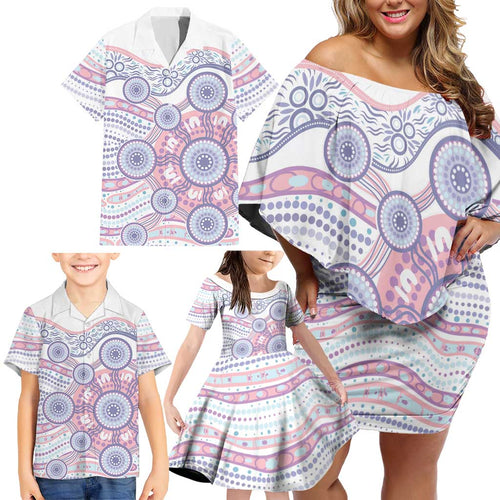 Australian Indigenous Aboriginal Art Family Matching Off Shoulder Short Dress and Hawaiian Shirt Vivid Pastel Peach Purple