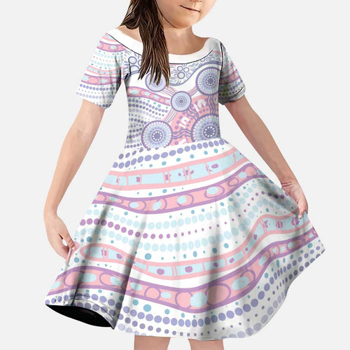 Australian Indigenous Aboriginal Art Family Matching Off Shoulder Short Dress and Hawaiian Shirt Vivid Pastel Peach Purple
