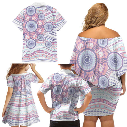 Australian Indigenous Aboriginal Art Family Matching Off Shoulder Short Dress and Hawaiian Shirt Vivid Pastel Peach Purple