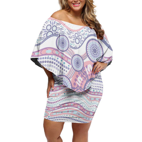 Australian Indigenous Aboriginal Art Family Matching Off Shoulder Short Dress and Hawaiian Shirt Vivid Pastel Peach Purple