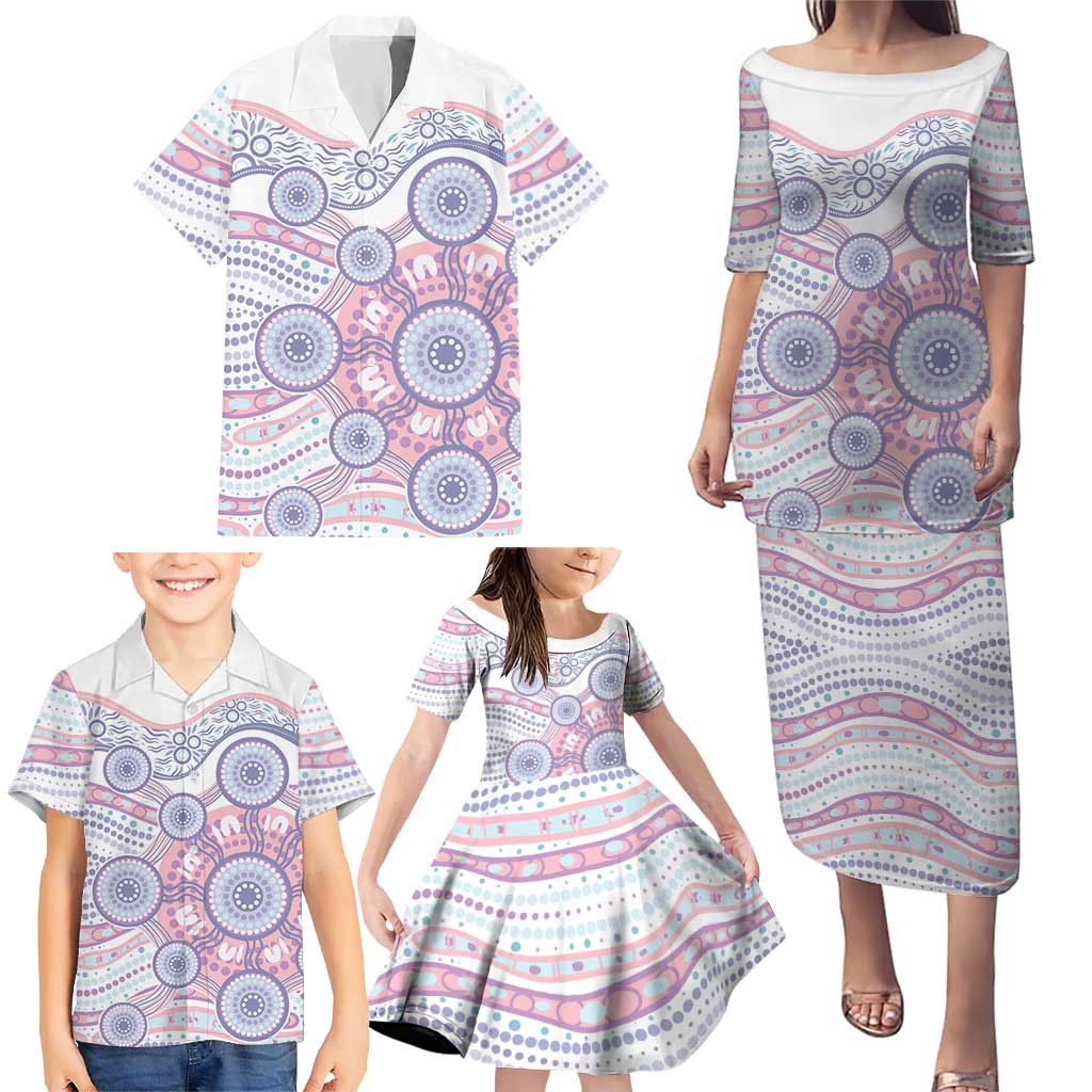 Australian Indigenous Aboriginal Art Family Matching Puletasi and Hawaiian Shirt Vivid Pastel Peach Purple