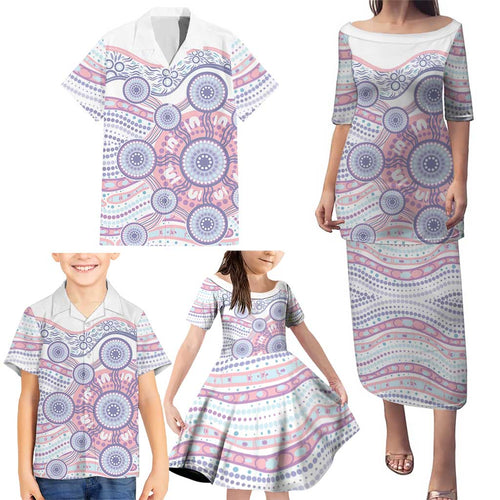Australian Indigenous Aboriginal Art Family Matching Puletasi and Hawaiian Shirt Vivid Pastel Peach Purple