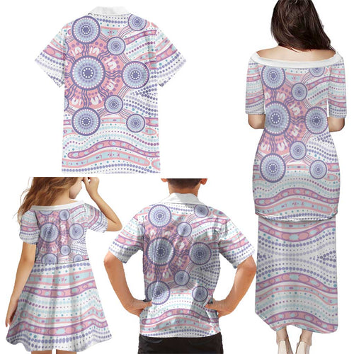 Australian Indigenous Aboriginal Art Family Matching Puletasi and Hawaiian Shirt Vivid Pastel Peach Purple