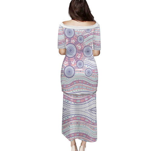 Australian Indigenous Aboriginal Art Family Matching Puletasi and Hawaiian Shirt Vivid Pastel Peach Purple