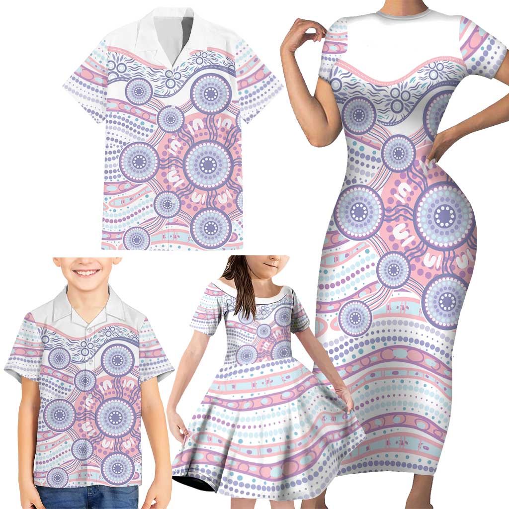 Australian Indigenous Aboriginal Art Family Matching Short Sleeve Bodycon Dress and Hawaiian Shirt Vivid Pastel Peach Purple